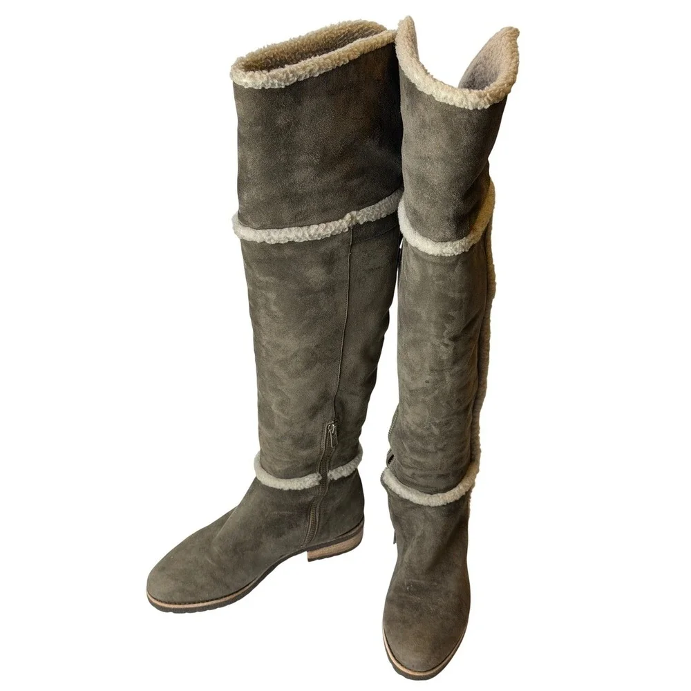 FRYE Tamara Shearling Suede $528 Over Knee Boots Sz 7 Low Heel H2O Resistant EUC